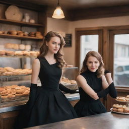 A stylish girl in a sleeveless black dress and elbow-length black gloves sitting in a quaint bakery shop, locked in a gaze with the baker who also observes her from afar