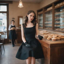 A stylish girl in a sleeveless black dress and elbow-length black gloves sitting in a quaint bakery shop, locked in a gaze with the baker who also observes her from afar