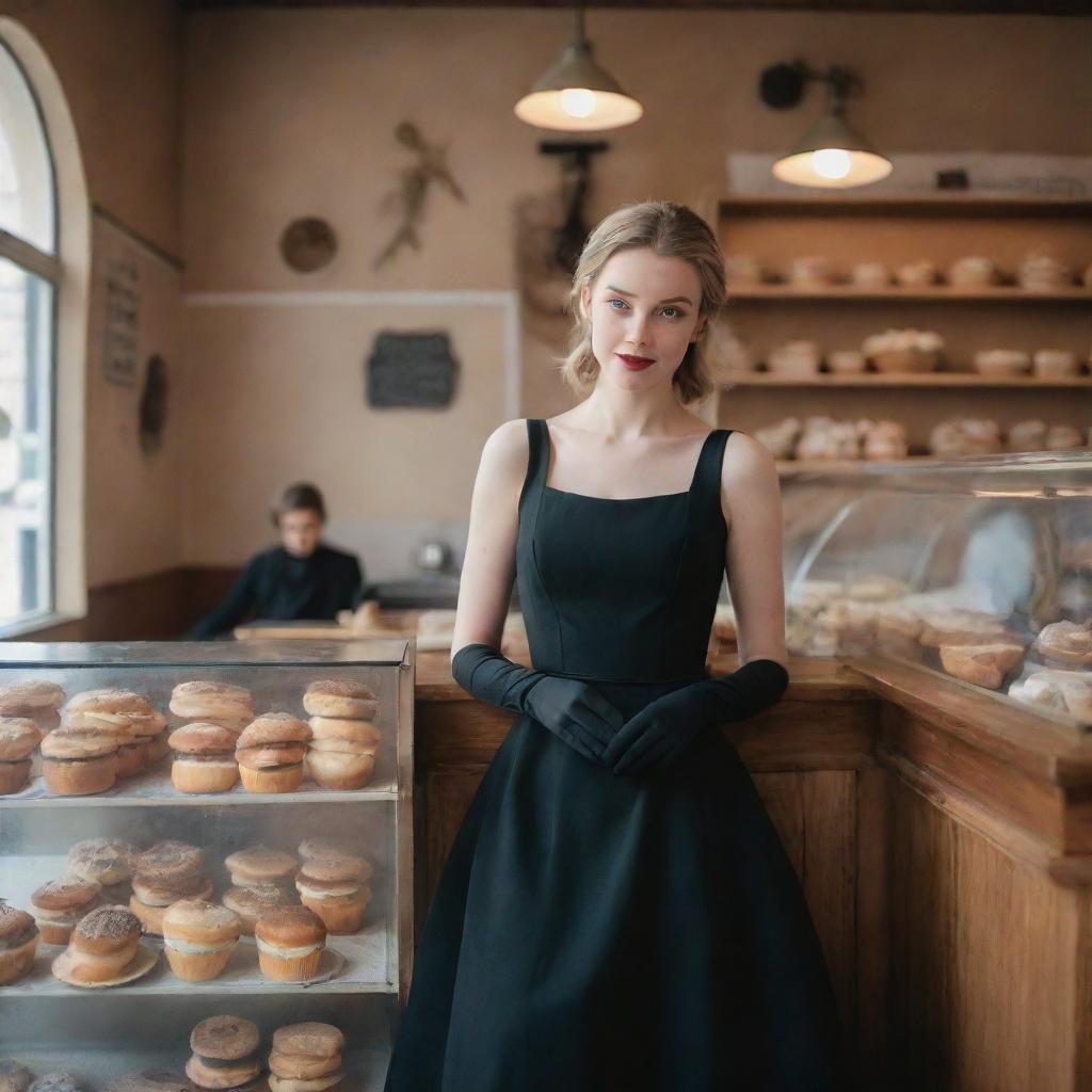 A stylish girl in a sleeveless black dress and elbow-length black gloves sitting in a quaint bakery shop, locked in a gaze with the baker who also observes her from afar