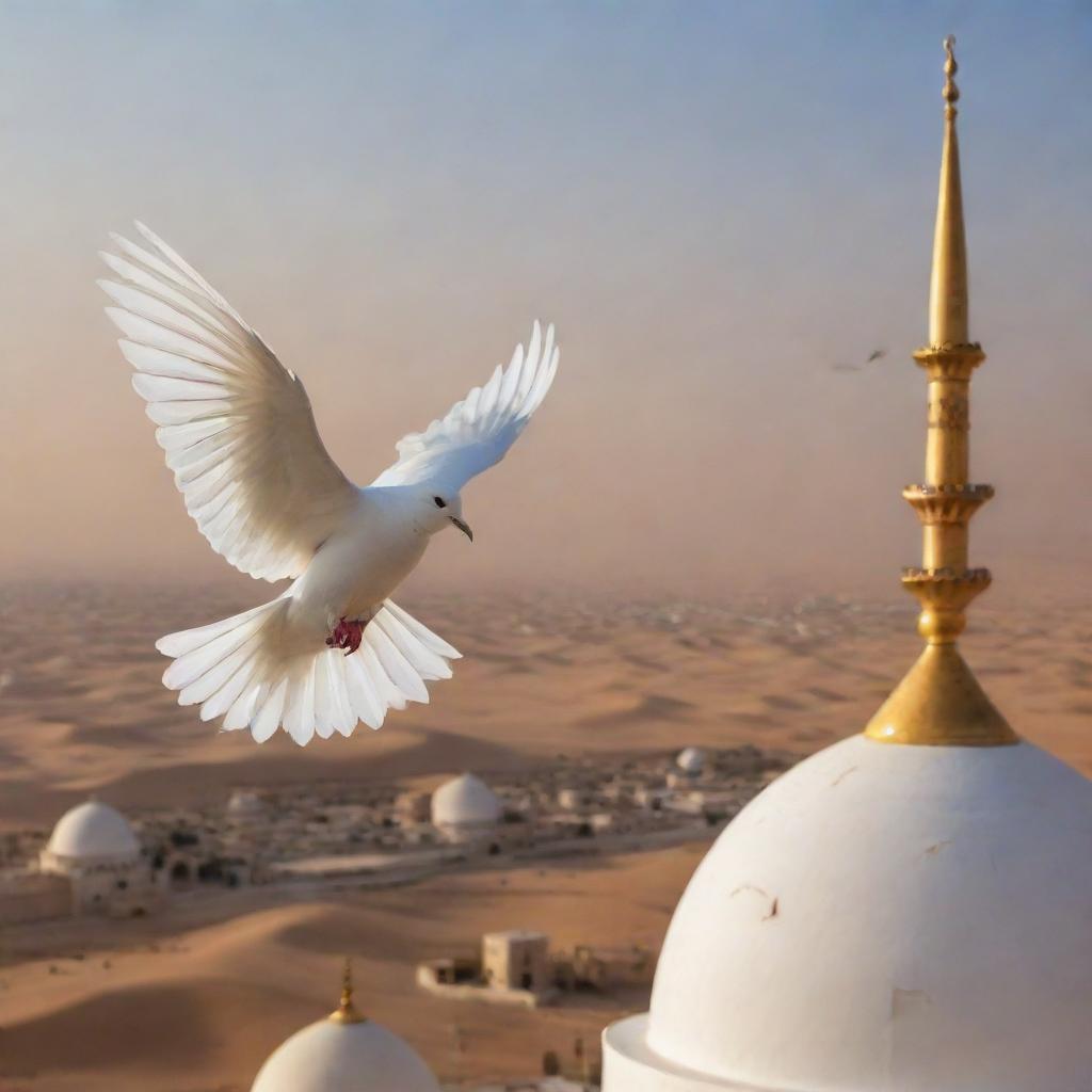 Islam symbolized by a peaceful white dove, a universal symbol of peace and purity, flying over domed mosques and vast desert landscapes.