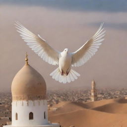 Islam symbolized by a peaceful white dove, a universal symbol of peace and purity, flying over domed mosques and vast desert landscapes.