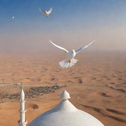 Islam symbolized by a peaceful white dove, a universal symbol of peace and purity, flying over domed mosques and vast desert landscapes.