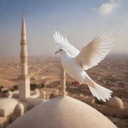 Islam symbolized by a peaceful white dove, a universal symbol of peace and purity, flying over domed mosques and vast desert landscapes.