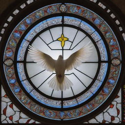 Christianity symbolized by a peaceful white dove, a universal symbol of peace and the Holy Spirit, flying over traditional cathedrals and stained glass windows.