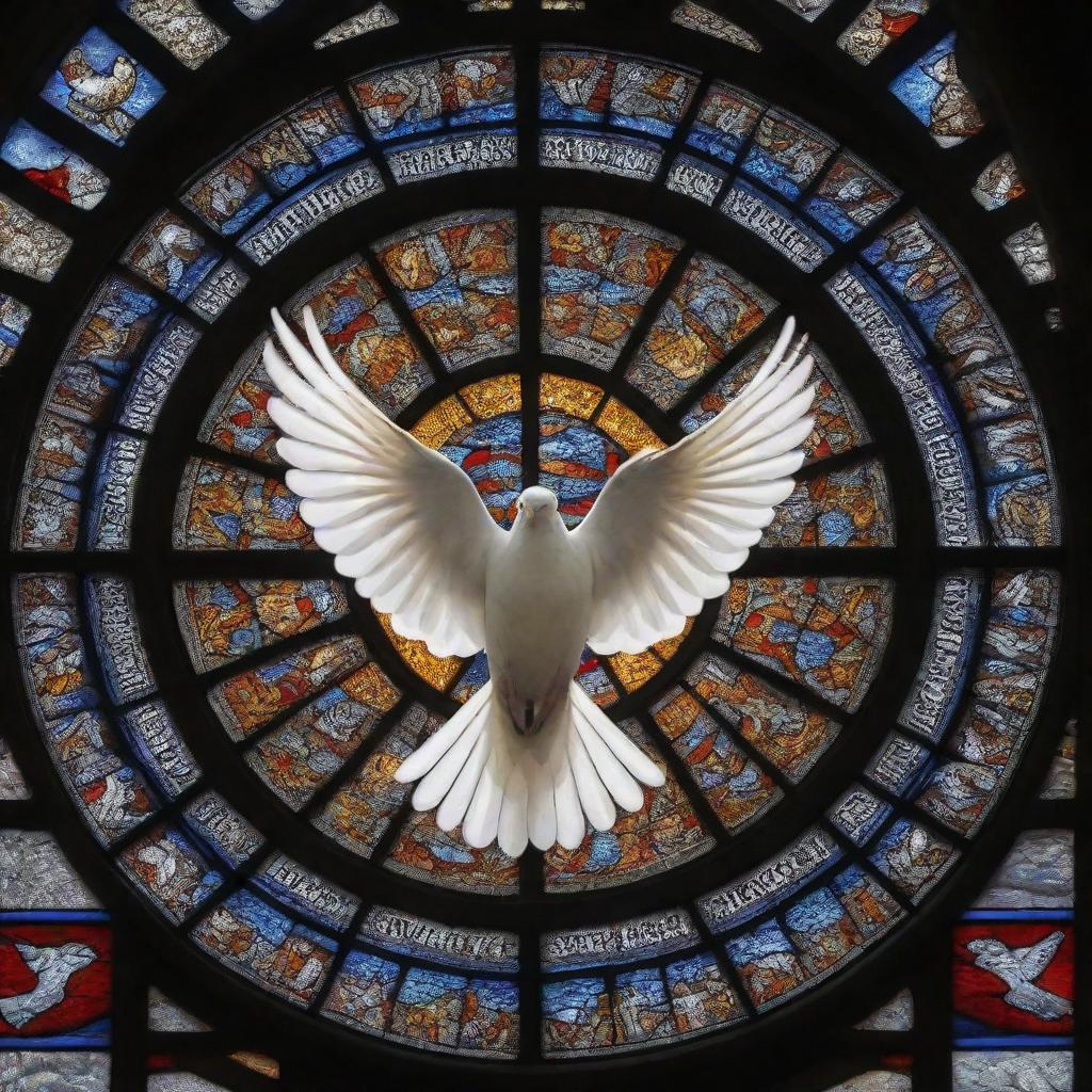 Christianity symbolized by a peaceful white dove, a universal symbol of peace and the Holy Spirit, flying over traditional cathedrals and stained glass windows.