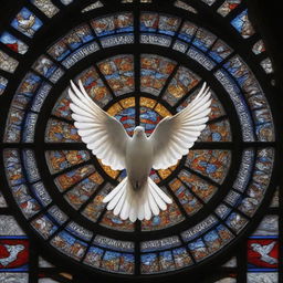 Christianity symbolized by a peaceful white dove, a universal symbol of peace and the Holy Spirit, flying over traditional cathedrals and stained glass windows.