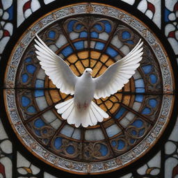 Christianity symbolized by a peaceful white dove, a universal symbol of peace and the Holy Spirit, flying over traditional cathedrals and stained glass windows.