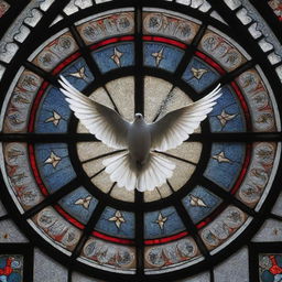 Christianity symbolized by a peaceful white dove, a universal symbol of peace and the Holy Spirit, flying over traditional cathedrals and stained glass windows.