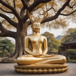 Buddhism personified as a serene deer, symbolizing the first teachings of Buddha in a deer park. Against a backdrop of a tranquil temple, Bodhi tree and a golden statue of Buddha.