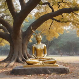 Buddhism personified as a serene deer, symbolizing the first teachings of Buddha in a deer park. Against a backdrop of a tranquil temple, Bodhi tree and a golden statue of Buddha.