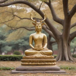 Buddhism personified as a serene deer, symbolizing the first teachings of Buddha in a deer park. Against a backdrop of a tranquil temple, Bodhi tree and a golden statue of Buddha.