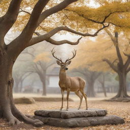 Buddhism personified as a serene deer, symbolizing the first teachings of Buddha in a deer park. Against a backdrop of a tranquil temple, Bodhi tree and a golden statue of Buddha.