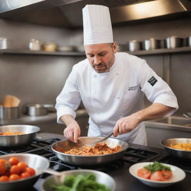 A passionate chef intensely cooking in a vibrant, busy kitchen