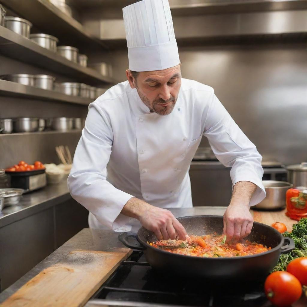 A passionate chef intensely cooking in a vibrant, busy kitchen