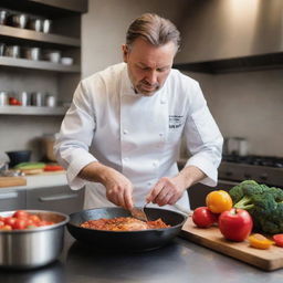 A passionate chef intensely cooking in a vibrant, busy kitchen