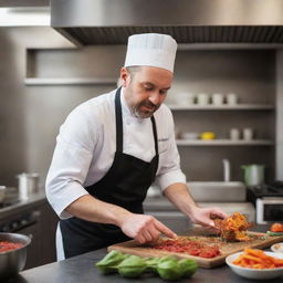 A passionate chef intensely cooking in a vibrant, busy kitchen