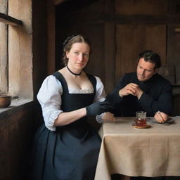 In a rustic, wooden restaurant of the 17th century, a lady clad in a sleeveless black dress with black elbow-length gloves sits, locked in an intriguing gaze with the cook who reciprocates her attention