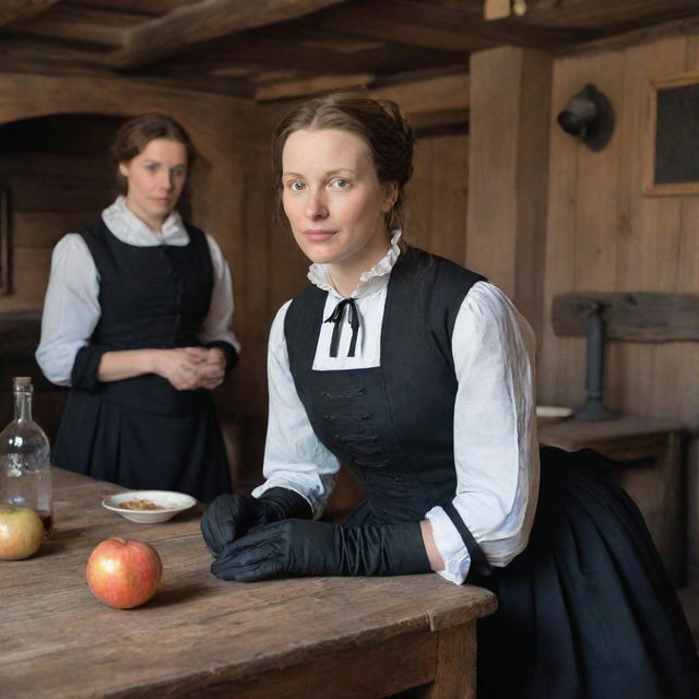 In a rustic, wooden restaurant of the 17th century, a lady clad in a sleeveless black dress with black elbow-length gloves sits, locked in an intriguing gaze with the cook who reciprocates her attention