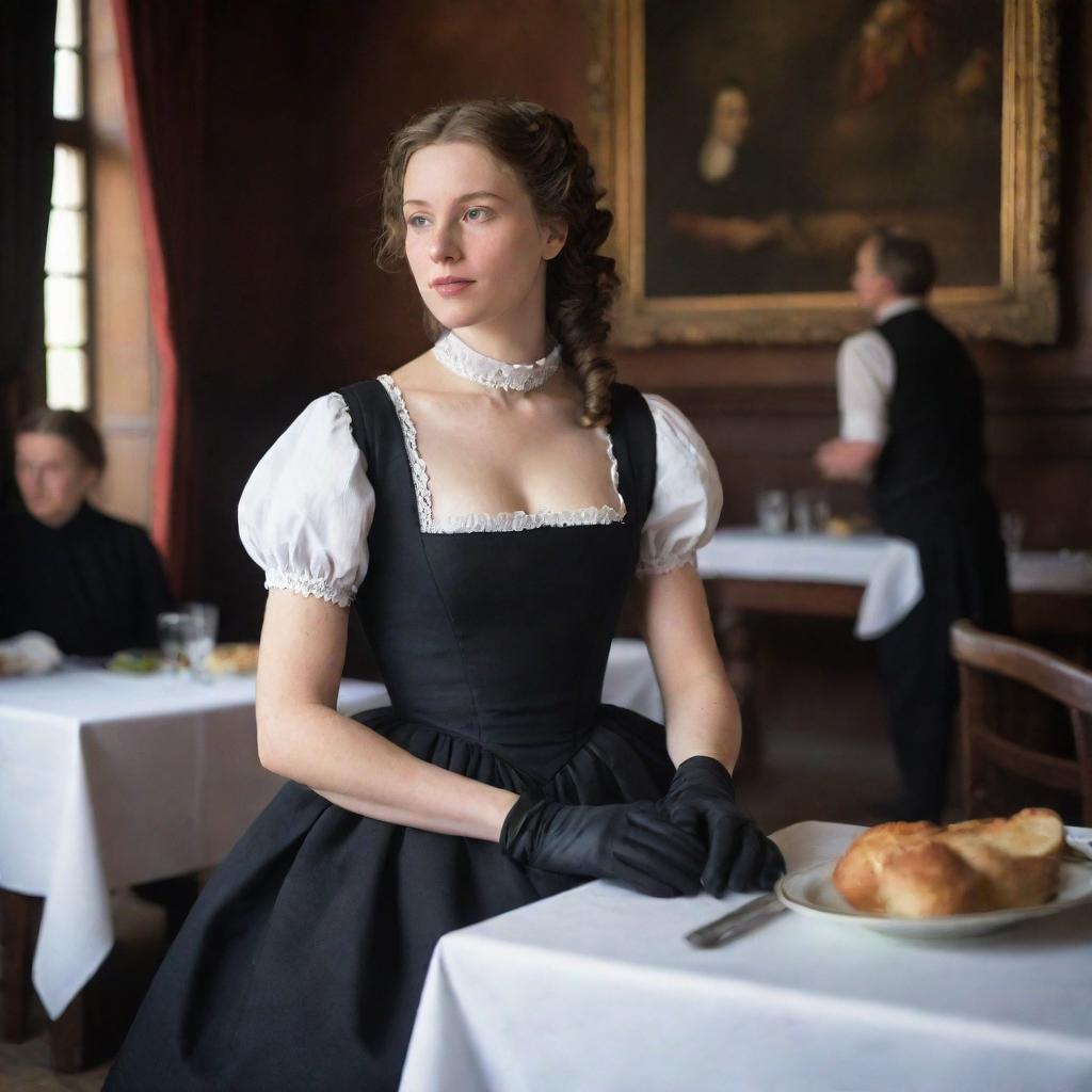 In a vintage, wooden 17th-century restaurant, a young lady elegantly dressed in a sleeveless black dress and black elbow-length gloves is seated, her gaze captivated by the cook working in the distance