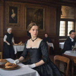 In a vintage, wooden 17th-century restaurant, a young lady elegantly dressed in a sleeveless black dress and black elbow-length gloves is seated, her gaze captivated by the cook working in the distance