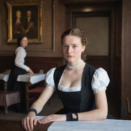 In a vintage, wooden 17th-century restaurant, a young lady elegantly dressed in a sleeveless black dress and black elbow-length gloves is seated, her gaze captivated by the cook working in the distance