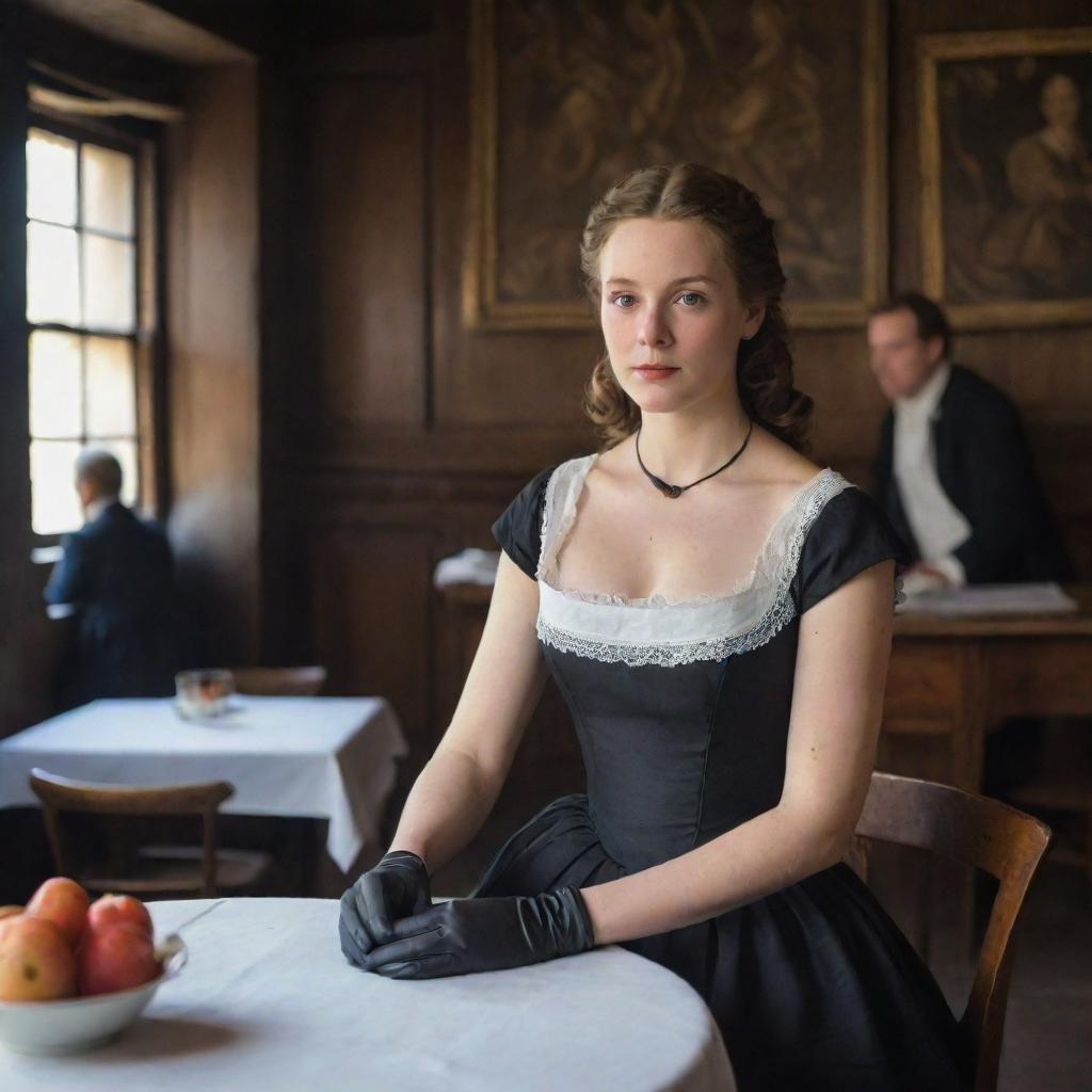 In a vintage, wooden 17th-century restaurant, a young lady elegantly dressed in a sleeveless black dress and black elbow-length gloves is seated, her gaze captivated by the cook working in the distance