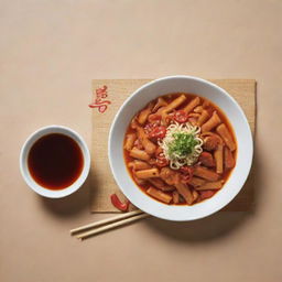 Poster featuring tokbokki with a bottle of soju, a plate of noodles (slightly subtle), a dipping sauce, a pair of chopsticks and floating pieces of tokbokki. The price 'ONLY 25K' shows in Korean font with the slogan 'IRRESISTIBLY DELICIOUS'. Add image effects like vignettes, lighting, or blur.