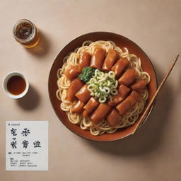 Poster featuring tokbokki with a bottle of soju, a plate of noodles (slightly subtle), a dipping sauce, a pair of chopsticks and floating pieces of tokbokki. The price 'ONLY 25K' shows in Korean font with the slogan 'IRRESISTIBLY DELICIOUS'. Add image effects like vignettes, lighting, or blur.