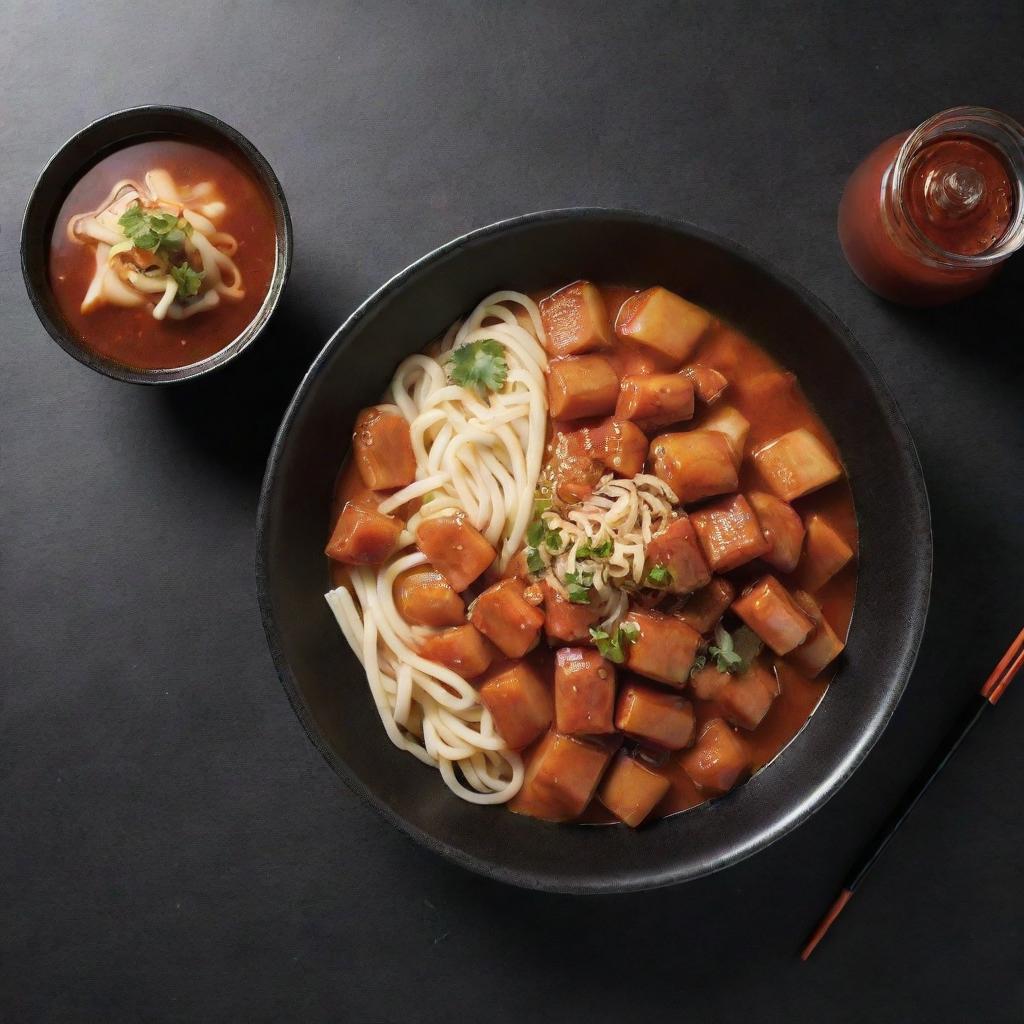 Poster featuring tokbokki with a bottle of soju, a plate of noodles (slightly subtle), a dipping sauce, a pair of chopsticks and floating pieces of tokbokki. The price 'ONLY 25K' shows in Korean font with the slogan 'IRRESISTIBLY DELICIOUS'. Add image effects like vignettes, lighting, or blur.