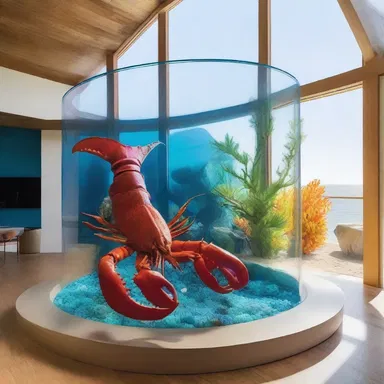 The modern beach house featured a stunning underwater-themed aquarium, where a majestic lobster proudly displayed its pleopods as it swam among the colorful coral.