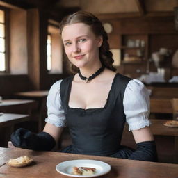 In an authentic wooden restaurant from the 17th century, a girl, dressed in a sleeveless black dress and black elbow-length gloves, sits imbibing the scenes around, her affectionate gaze fixed on the cook from a distance