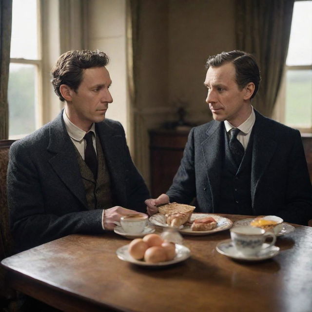 Sherlock Holmes and Dr. Watson seated at an antique dining table, enjoying a traditional English breakfast lit by soft morning light.