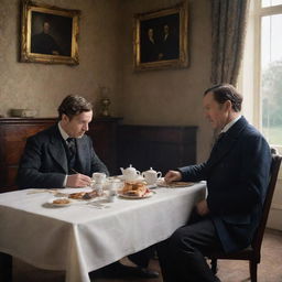 Sherlock Holmes and Dr. Watson seated at an antique dining table, enjoying a traditional English breakfast lit by soft morning light.