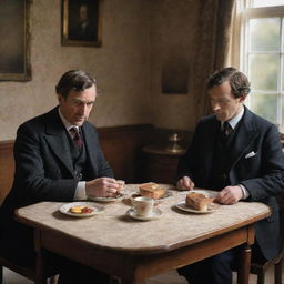 Sherlock Holmes and Dr. Watson seated at an antique dining table, enjoying a traditional English breakfast lit by soft morning light.