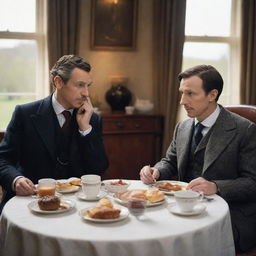 Sherlock Holmes and Dr. Watson seated at an antique dining table, enjoying a traditional English breakfast lit by soft morning light.