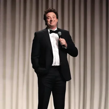 The comedian had the audience laughing full with his hilarious jokes.