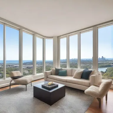 The spacious living room has full, floor-to-ceiling windows that offer stunning views.