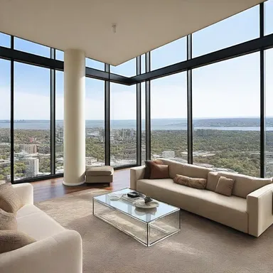 The spacious living room has full, floor-to-ceiling windows that offer stunning views.