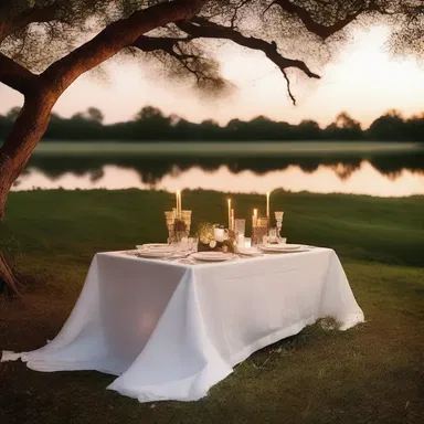 As the sun set, the couple enjoyed a romantic dinner with a table full of delicious food and candlelight.
