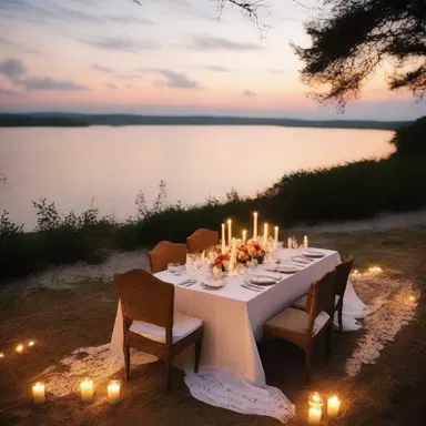 As the sun set, the couple enjoyed a romantic dinner with a table full of delicious food and candlelight.