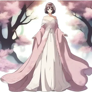 In the anime series, the main character is dressed in a full, flowing gown that represents her elegance and grace.