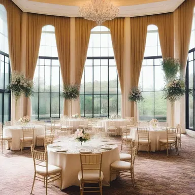 The grand ballroom was adorned with full, floor-to-ceiling windows that flooded the room with natural light.