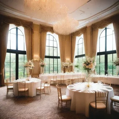 The grand ballroom was adorned with full, floor-to-ceiling windows that flooded the room with natural light.