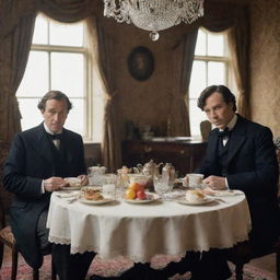 Sherlock Holmes and Watson sitting at a dining table enjoying a breakfast in a Victorian era setting