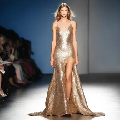 The runway model strutted confidently in a full-length sequined gown.