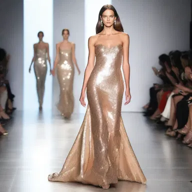 The runway model strutted confidently in a full-length sequined gown.