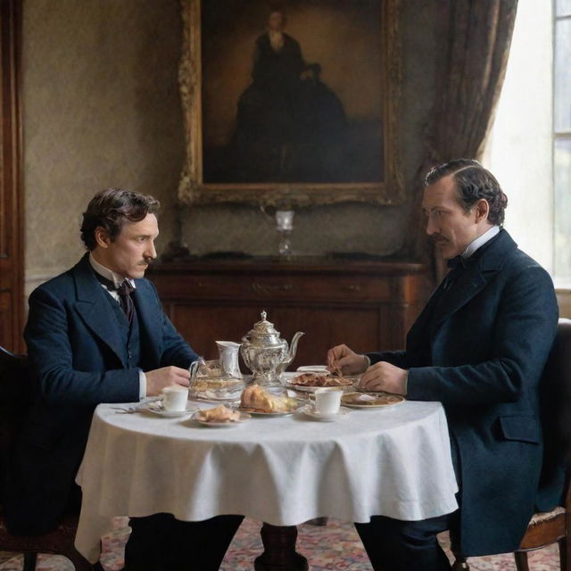 Sherlock Holmes and Watson sitting at a dining table enjoying a breakfast in a Victorian era setting