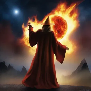 The wizard conjured an immense fireball that lit up the night sky, its full power unleashed.