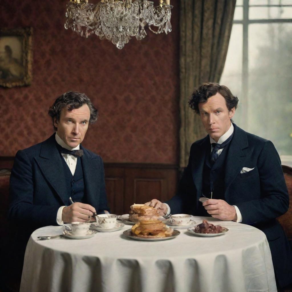 Sherlock Holmes and Watson sitting at a dining table enjoying a breakfast in a Victorian era setting