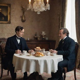 Sherlock Holmes and Watson sitting at a dining table enjoying a breakfast in a Victorian era setting